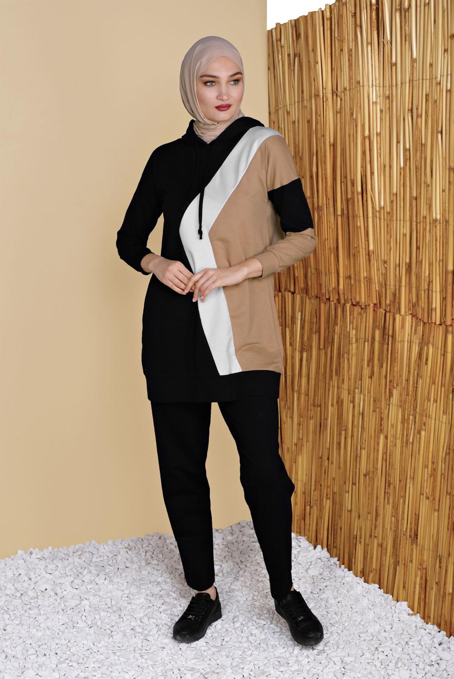 Tesettür giyim SİYAH ÜÇ RENK PANTOLONLU EŞOFMAN TAKIM  3555 