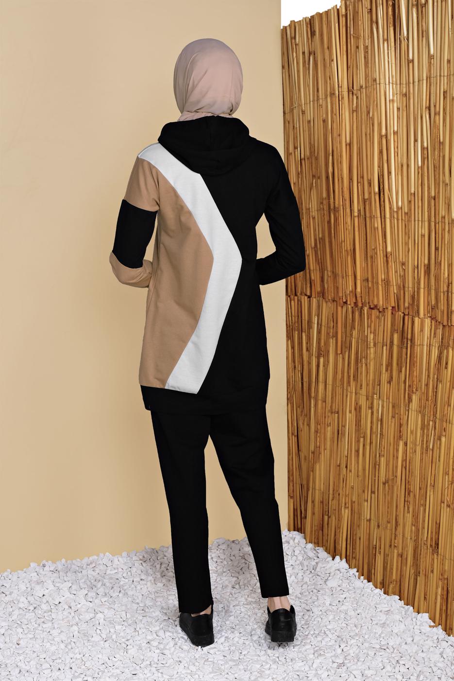 Tesettür giyim SİYAH ÜÇ RENK PANTOLONLU EŞOFMAN TAKIM  3555 