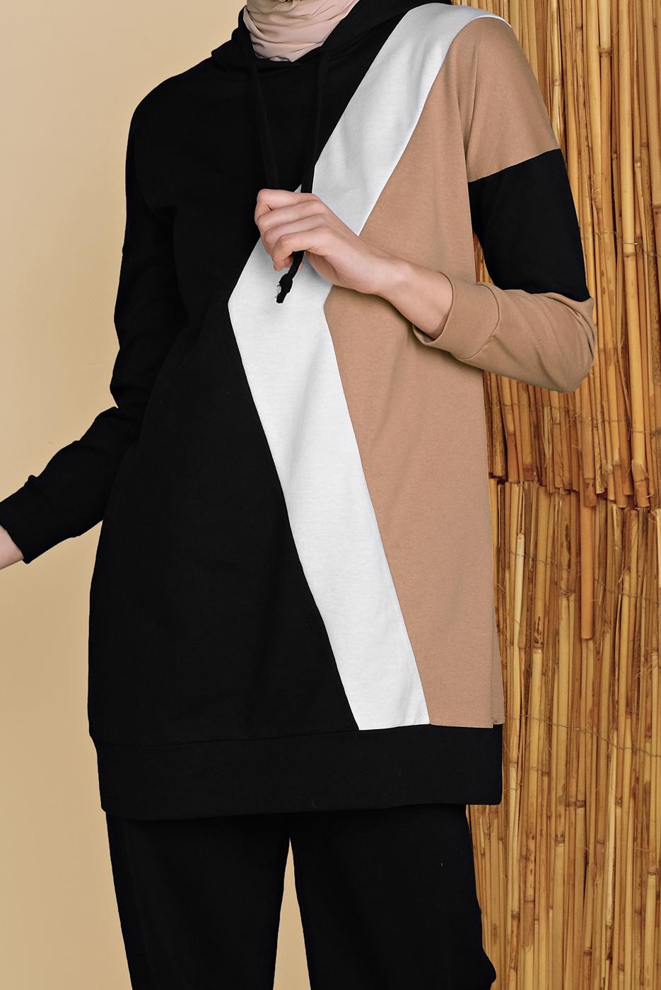 Tesettür giyim SİYAH ÜÇ RENK PANTOLONLU EŞOFMAN TAKIM  3555 