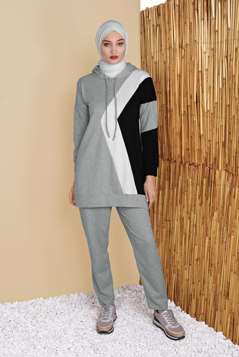 Tesettür giyim GRİ ÜÇ RENK PANTOLONLU EŞOFMAN TAKIM  3555 