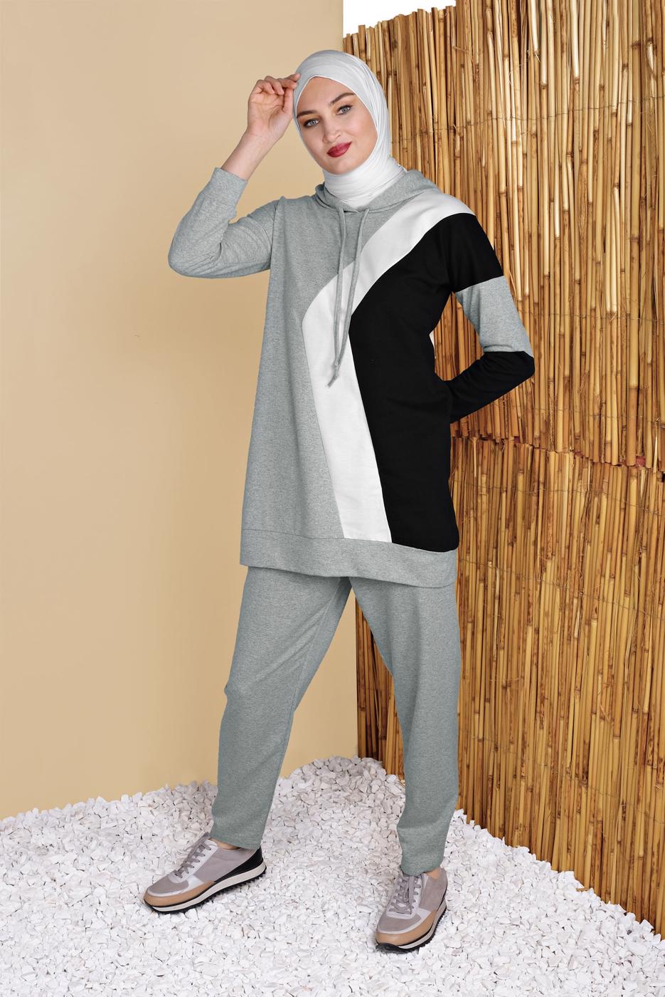 Tesettür giyim GRİ ÜÇ RENK PANTOLONLU EŞOFMAN TAKIM  3555 