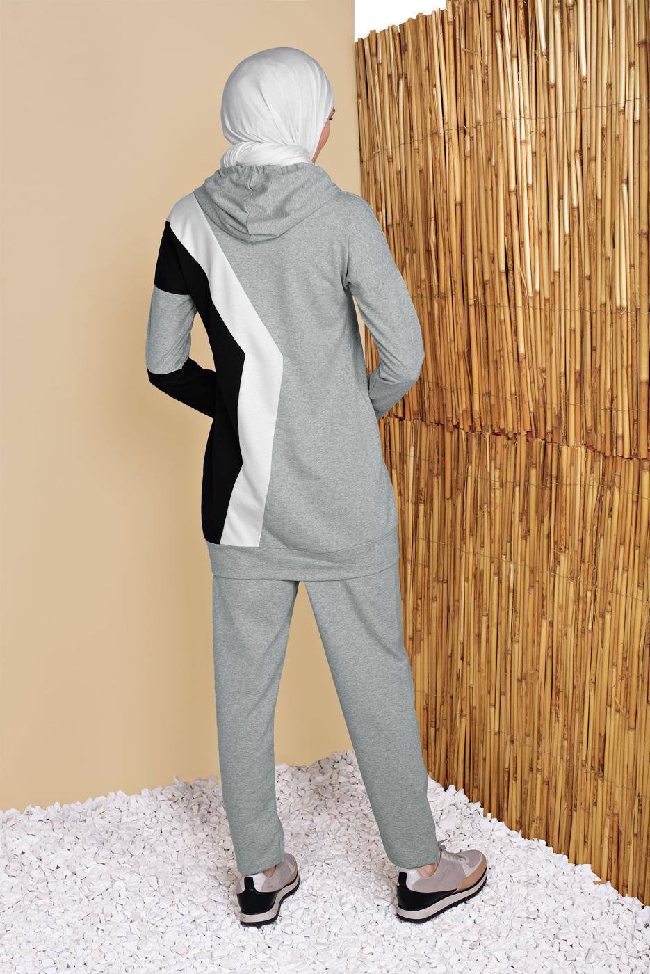 Tesettür giyim GRİ ÜÇ RENK PANTOLONLU EŞOFMAN TAKIM  3555 