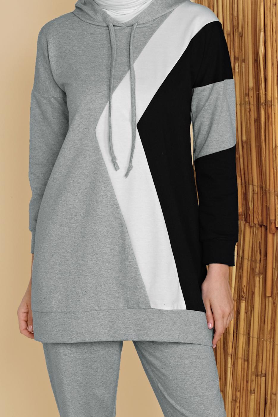 Tesettür giyim GRİ ÜÇ RENK PANTOLONLU EŞOFMAN TAKIM  3555 