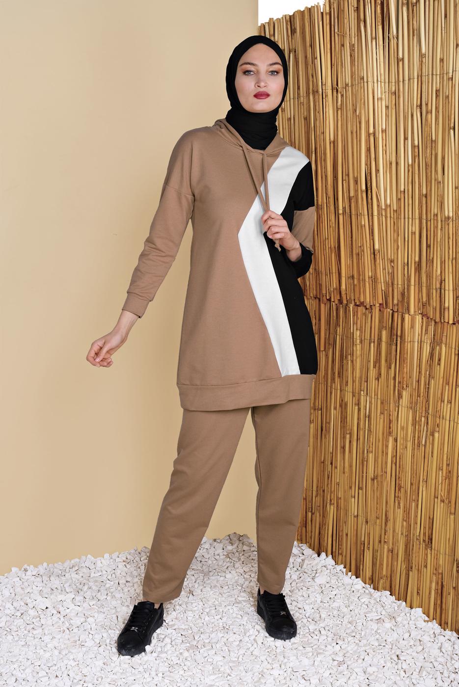 Tesettür giyim KAHVE ÜÇ RENK PANTOLONLU EŞOFMAN TAKIM  3555 