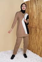 Tesettür giyim KAHVE ÜÇ RENK PANTOLONLU EŞOFMAN TAKIM  3555 