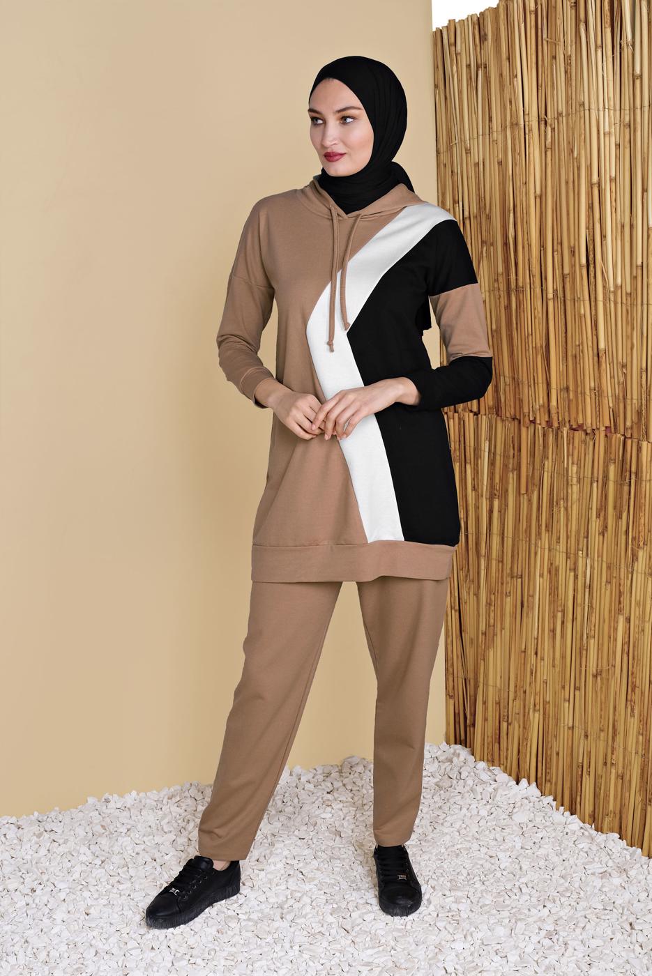 Tesettür giyim KAHVE ÜÇ RENK PANTOLONLU EŞOFMAN TAKIM  3555 