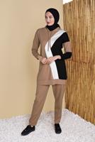 Tesettür giyim KAHVE ÜÇ RENK PANTOLONLU EŞOFMAN TAKIM  3555 