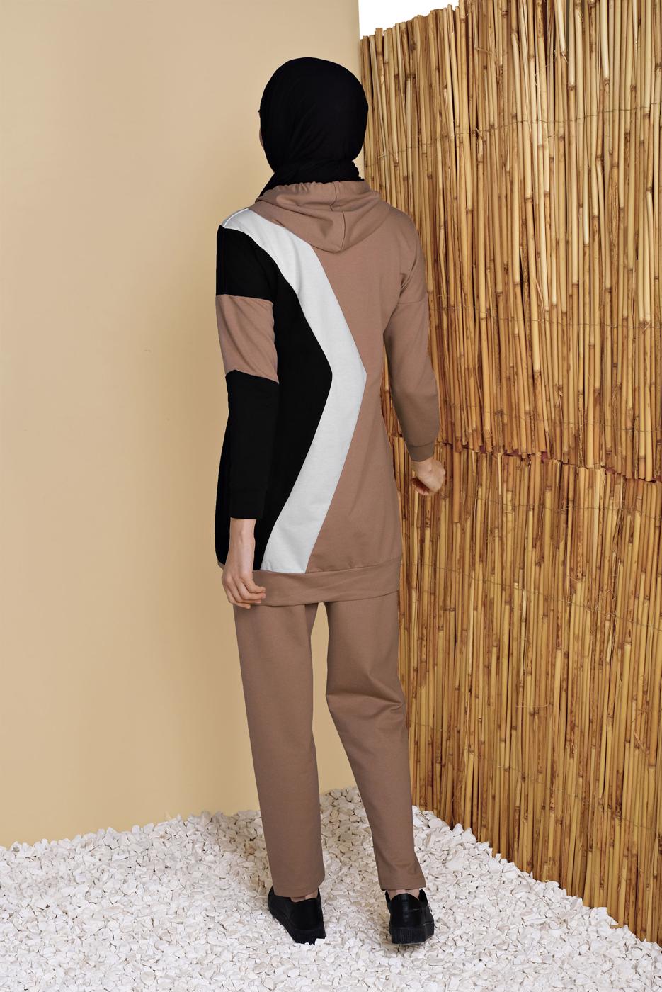 Tesettür giyim KAHVE ÜÇ RENK PANTOLONLU EŞOFMAN TAKIM  3555 