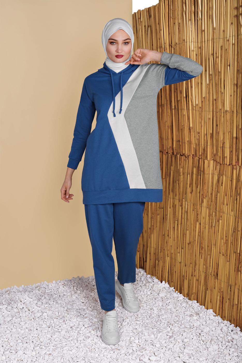 Tesettür giyim LACİVERT ÜÇ RENK PANTOLONLU EŞOFMAN TAKIM  3555 