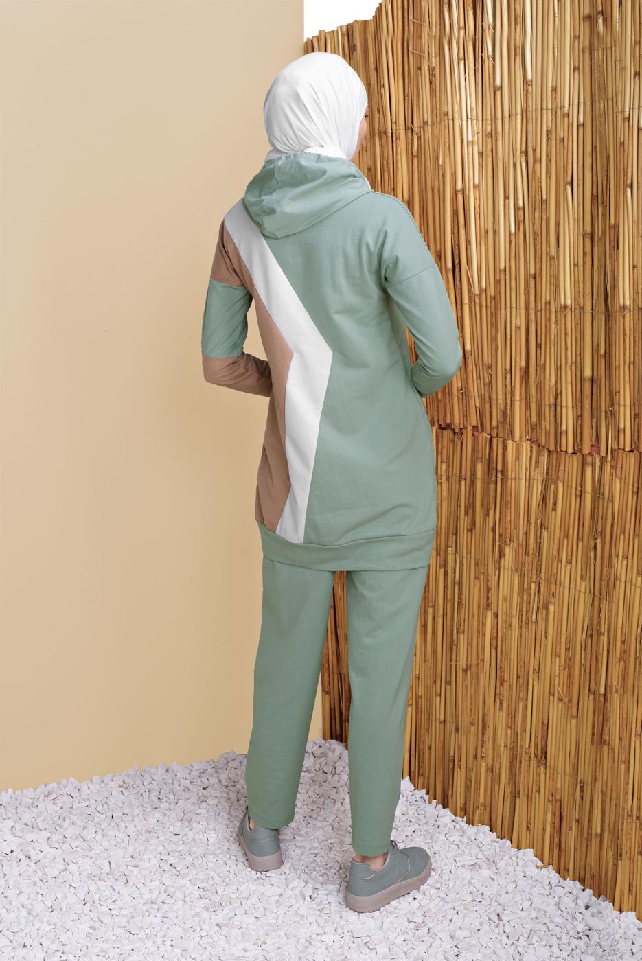 Tesettür giyim YEŞİL ÜÇ RENK PANTOLONLU EŞOFMAN TAKIM  3555 