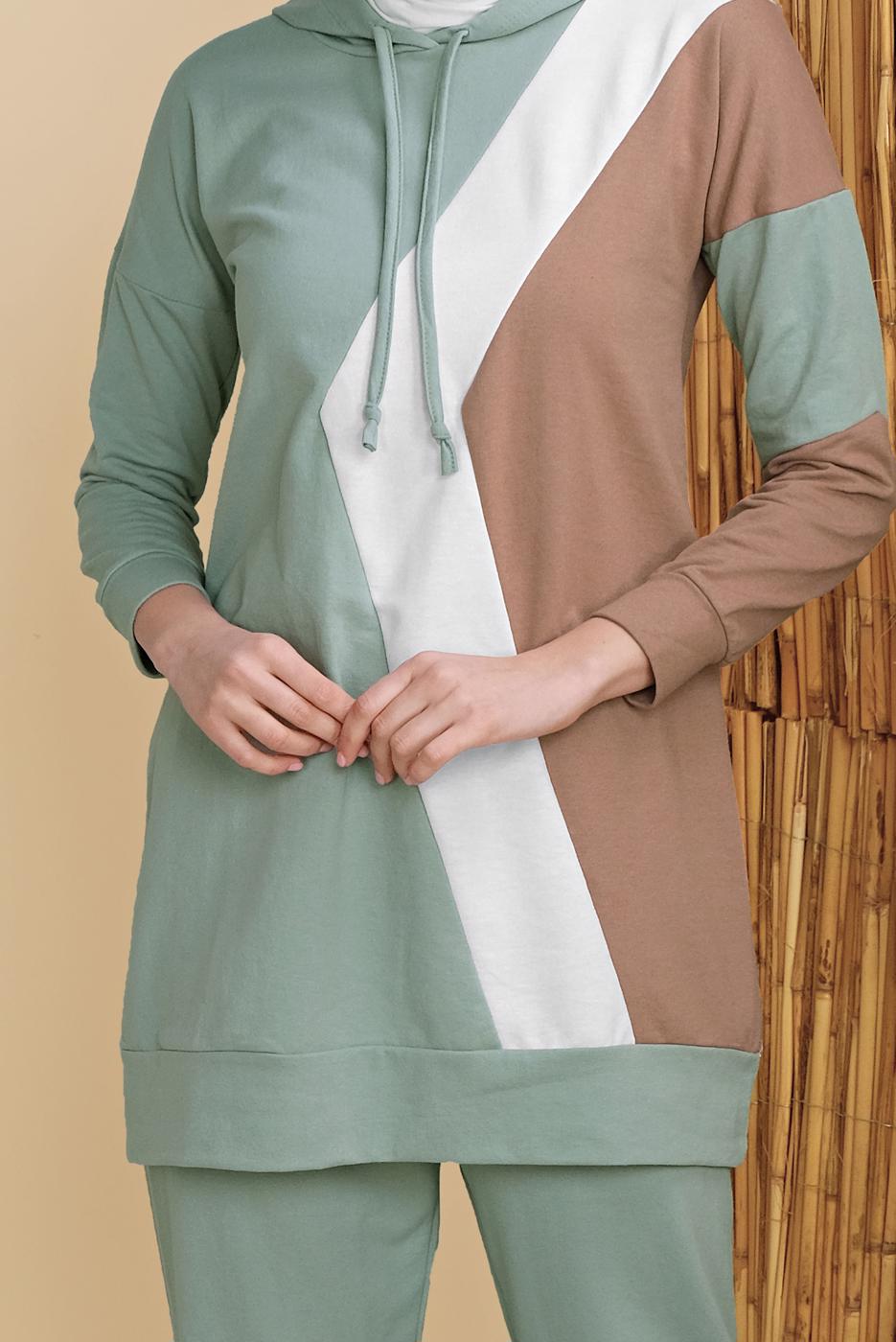 Tesettür giyim YEŞİL ÜÇ RENK PANTOLONLU EŞOFMAN TAKIM  3555 