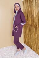 Tesettür giyim MOR ŞERİTLİ KAPÜŞONLU İKİLİ PANTOLONLU EŞOFMAN TAKIM  4056  