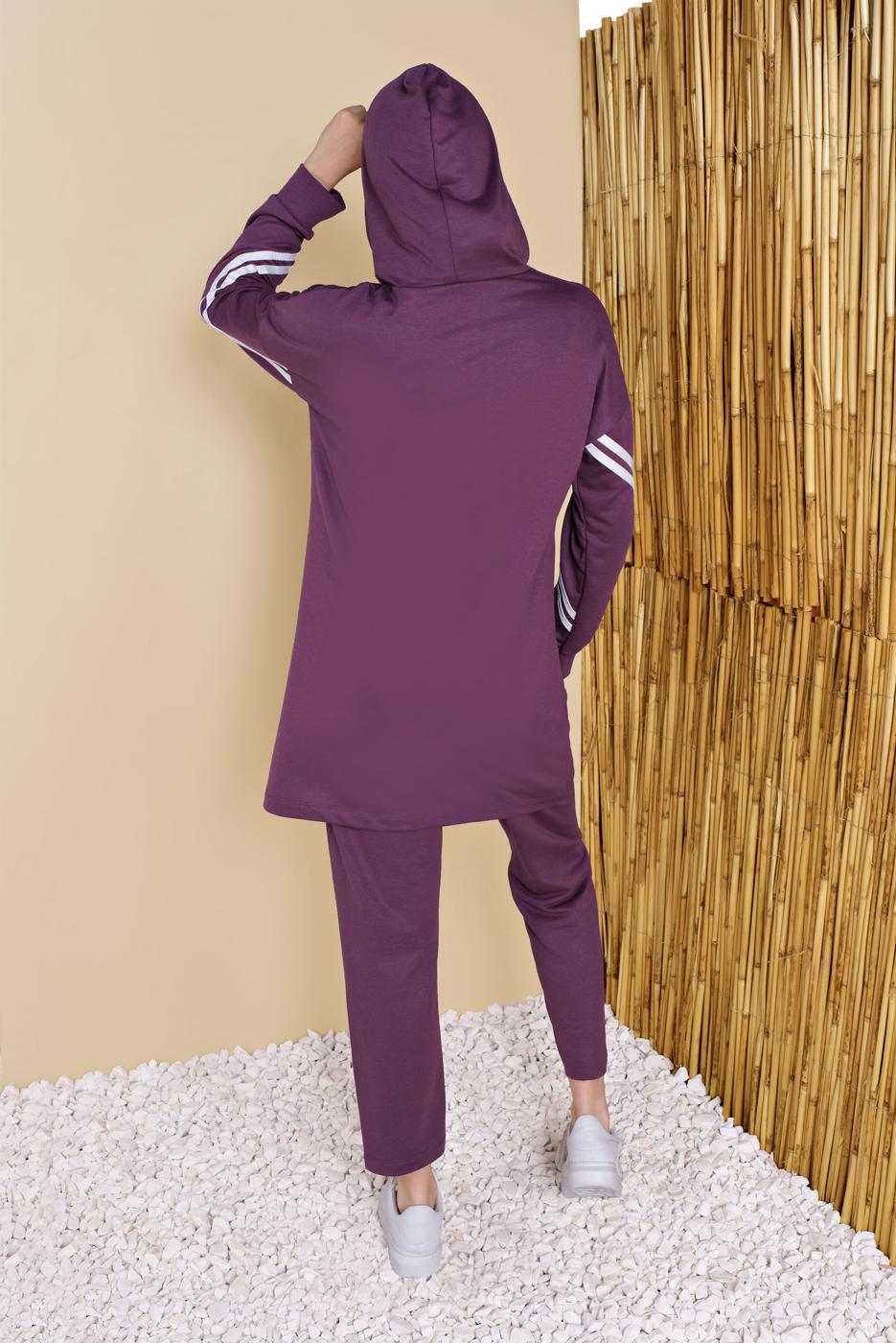 Tesettür giyim MOR ŞERİTLİ KAPÜŞONLU İKİLİ PANTOLONLU EŞOFMAN TAKIM  4056  