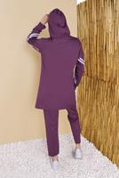 Tesettür giyim MOR ŞERİTLİ KAPÜŞONLU İKİLİ PANTOLONLU EŞOFMAN TAKIM  4056  