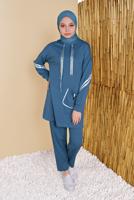 Tesettür giyim LACİVERT ŞERİTLİ KAPÜŞONLU İKİLİ PANTOLONLU EŞOFMAN TAKIM  4056  