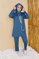 Tesettür giyim LACİVERT ŞERİTLİ KAPÜŞONLU İKİLİ PANTOLONLU EŞOFMAN TAKIM  4056  