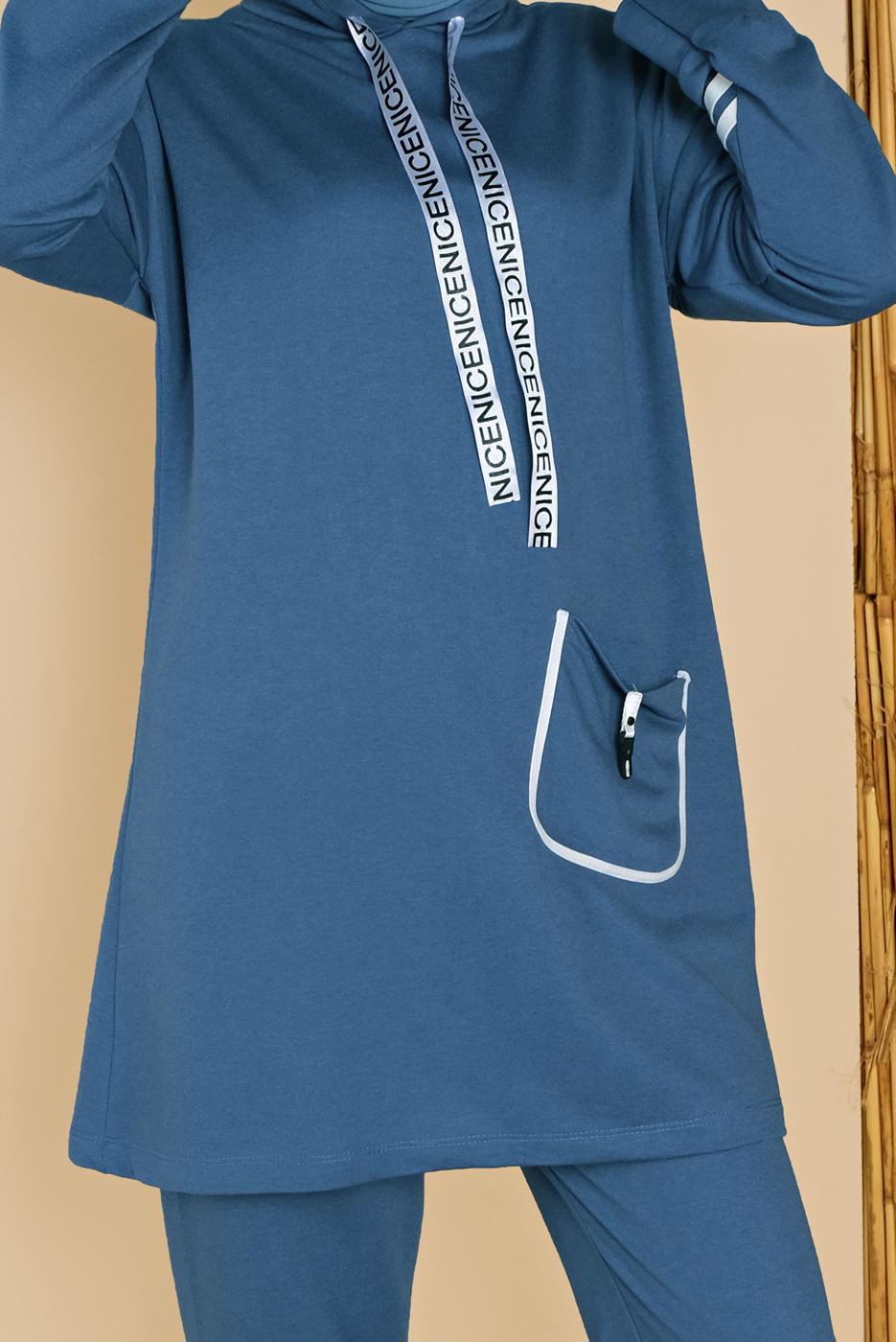 Tesettür giyim LACİVERT ŞERİTLİ KAPÜŞONLU İKİLİ PANTOLONLU EŞOFMAN TAKIM  4056  