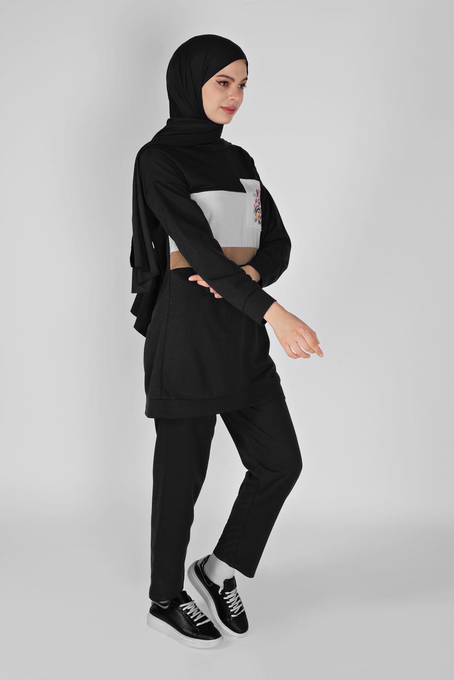 Tesettür giyim SİYAH BASKI DETAYLI CEPLİ PANTOLON EŞOFMAN TAKIM 4956 