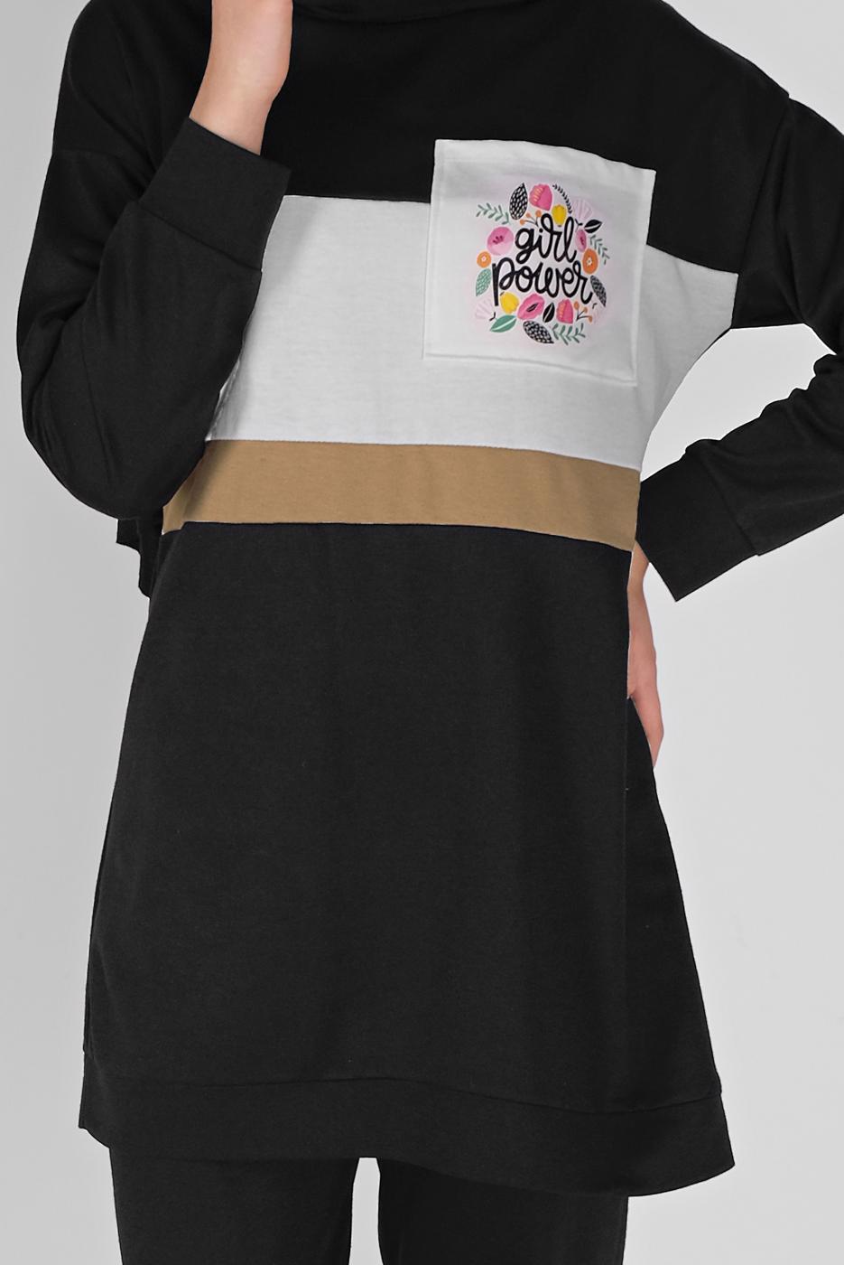 Tesettür giyim SİYAH BASKI DETAYLI CEPLİ PANTOLON EŞOFMAN TAKIM 4956 