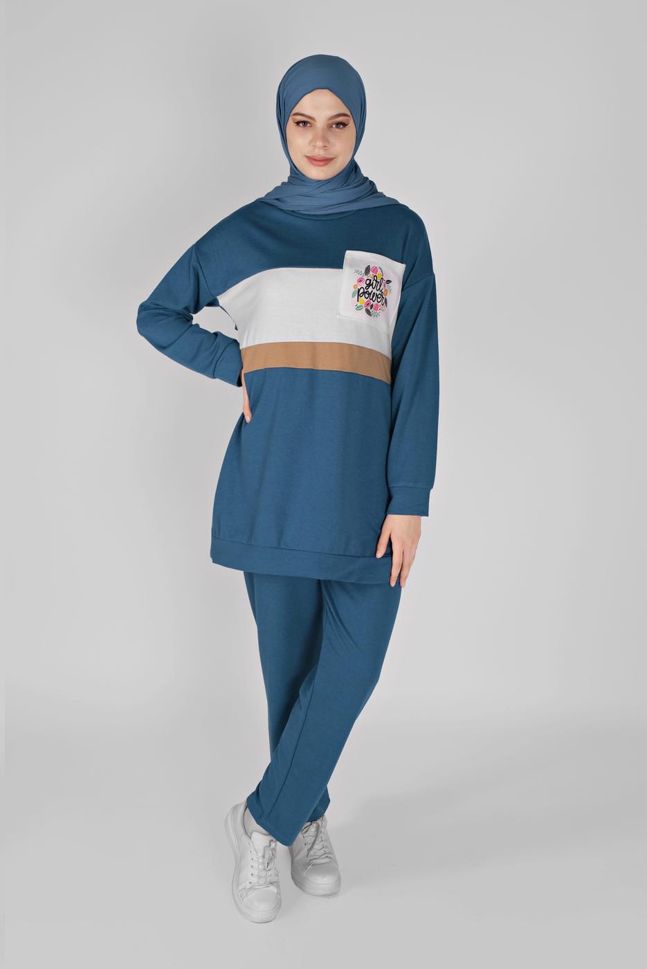 Tesettür giyim LACİVERT BASKI DETAYLI CEPLİ PANTOLON EŞOFMAN TAKIM 4956 