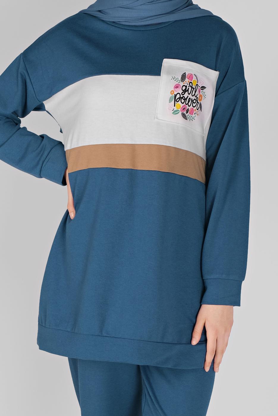 Tesettür giyim LACİVERT BASKI DETAYLI CEPLİ PANTOLON EŞOFMAN TAKIM 4956 