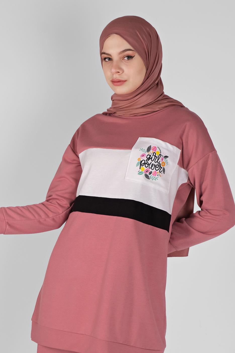 Tesettür giyim PEMBE BASKI DETAYLI CEPLİ PANTOLON EŞOFMAN TAKIM 4956 