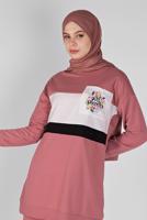 Tesettür giyim PEMBE BASKI DETAYLI CEPLİ PANTOLON EŞOFMAN TAKIM 4956 