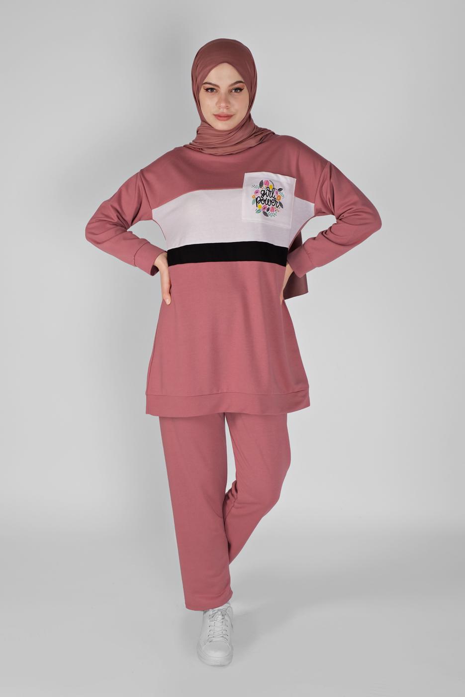 Tesettür giyim PEMBE BASKI DETAYLI CEPLİ PANTOLON EŞOFMAN TAKIM 4956 