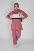 Tesettür giyim PEMBE BASKI DETAYLI CEPLİ PANTOLON EŞOFMAN TAKIM 4956 