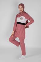 Tesettür giyim PEMBE BASKI DETAYLI CEPLİ PANTOLON EŞOFMAN TAKIM 4956 