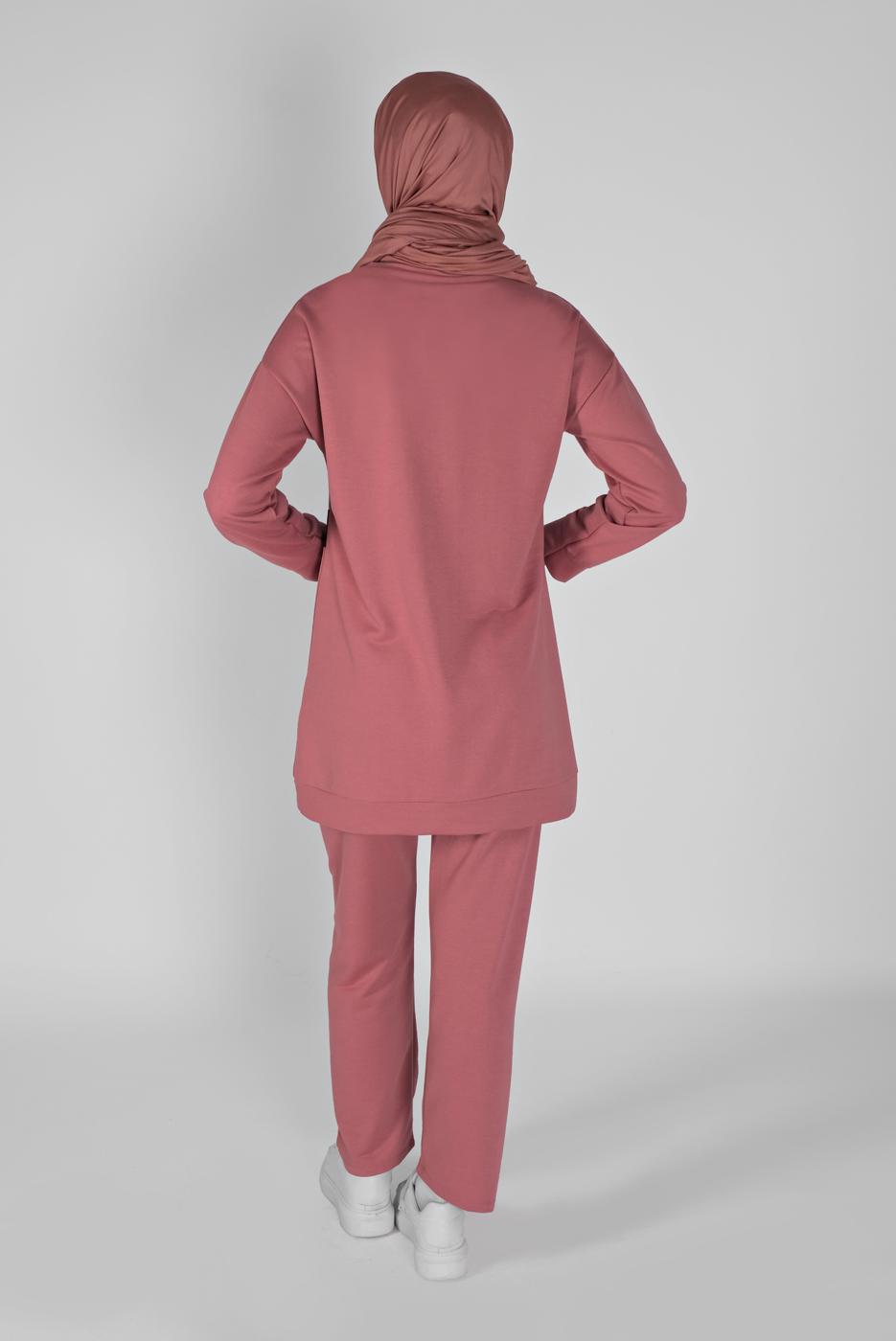 Tesettür giyim PEMBE BASKI DETAYLI CEPLİ PANTOLON EŞOFMAN TAKIM 4956 