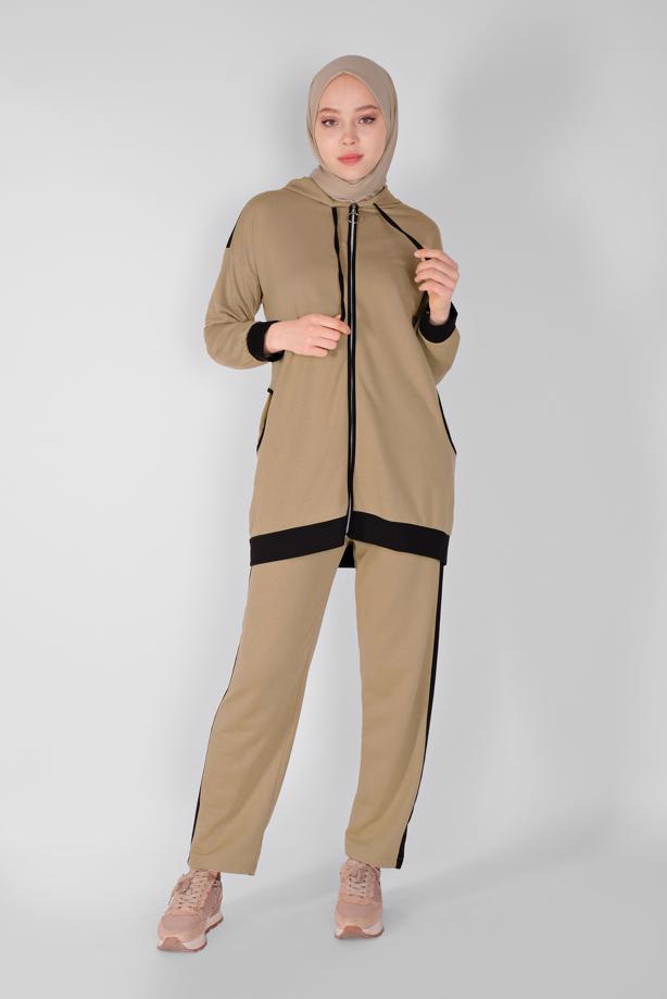 Tesettür giyim KAHVE BİYELİ FERMUARLI PANTOLONLU EŞOFMAN TAKIM  5156  - TRENDTESETTÜR
