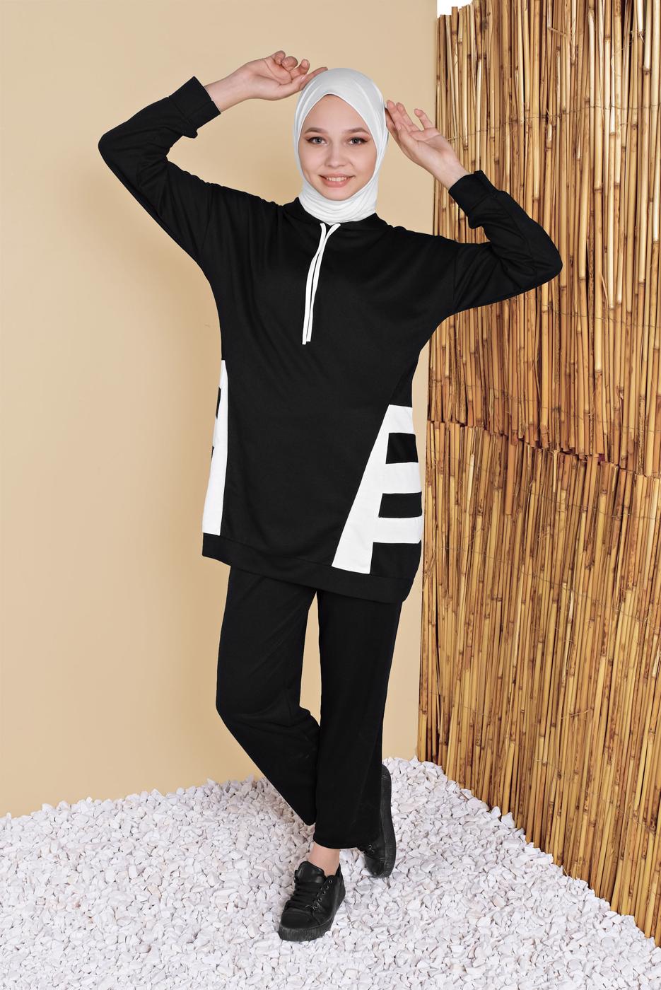 Tesettür giyim SİYAH İKİ RENK KAPÜŞONLU EŞOFMAN TAKIM 5256