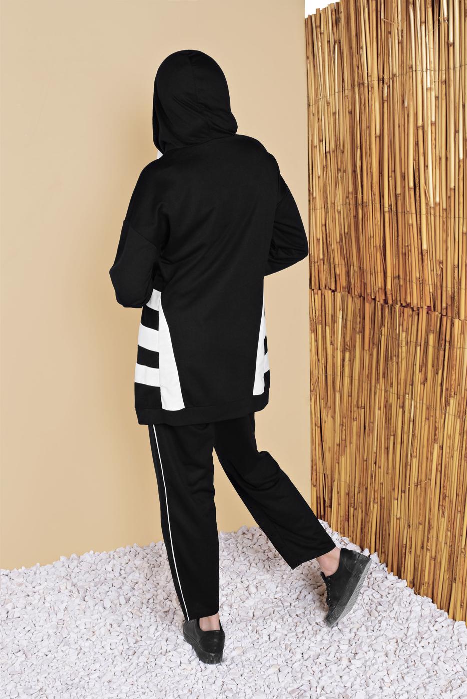 Tesettür giyim SİYAH İKİ RENK KAPÜŞONLU EŞOFMAN TAKIM 5256
