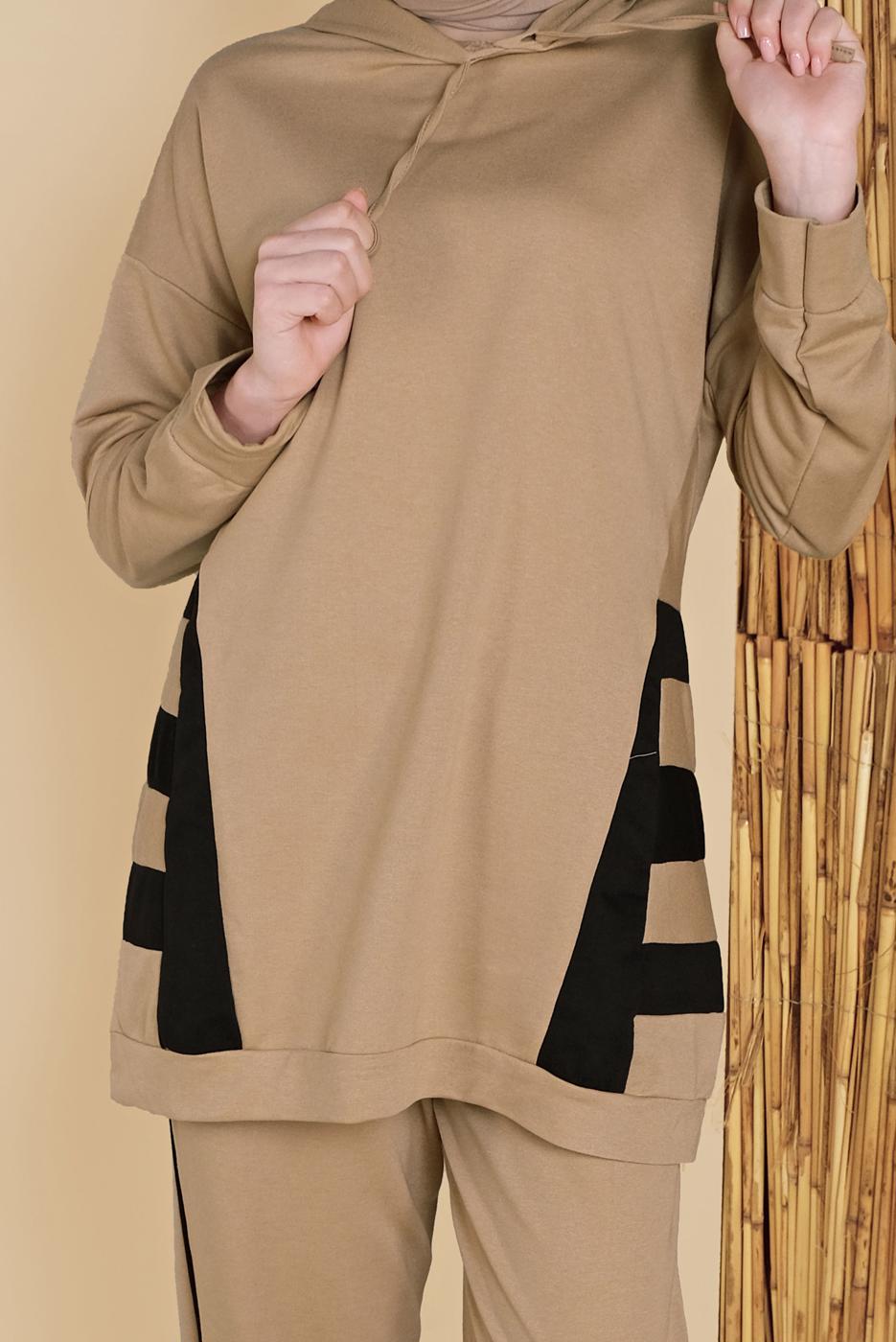 Tesettür giyim KAHVE İKİ RENK KAPÜŞONLU EŞOFMAN TAKIM 5256