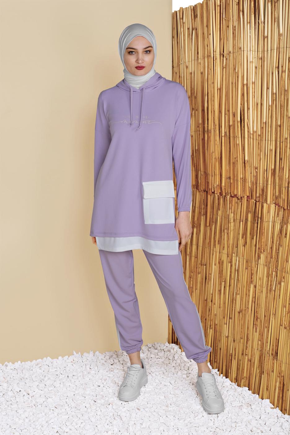 Tesettür giyim MOR CEPLİ İKİLİ PANTOLONLU EŞOFMAN TAKIM 6555