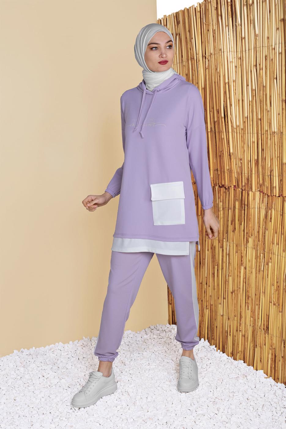 Tesettür giyim MOR CEPLİ İKİLİ PANTOLONLU EŞOFMAN TAKIM 6555