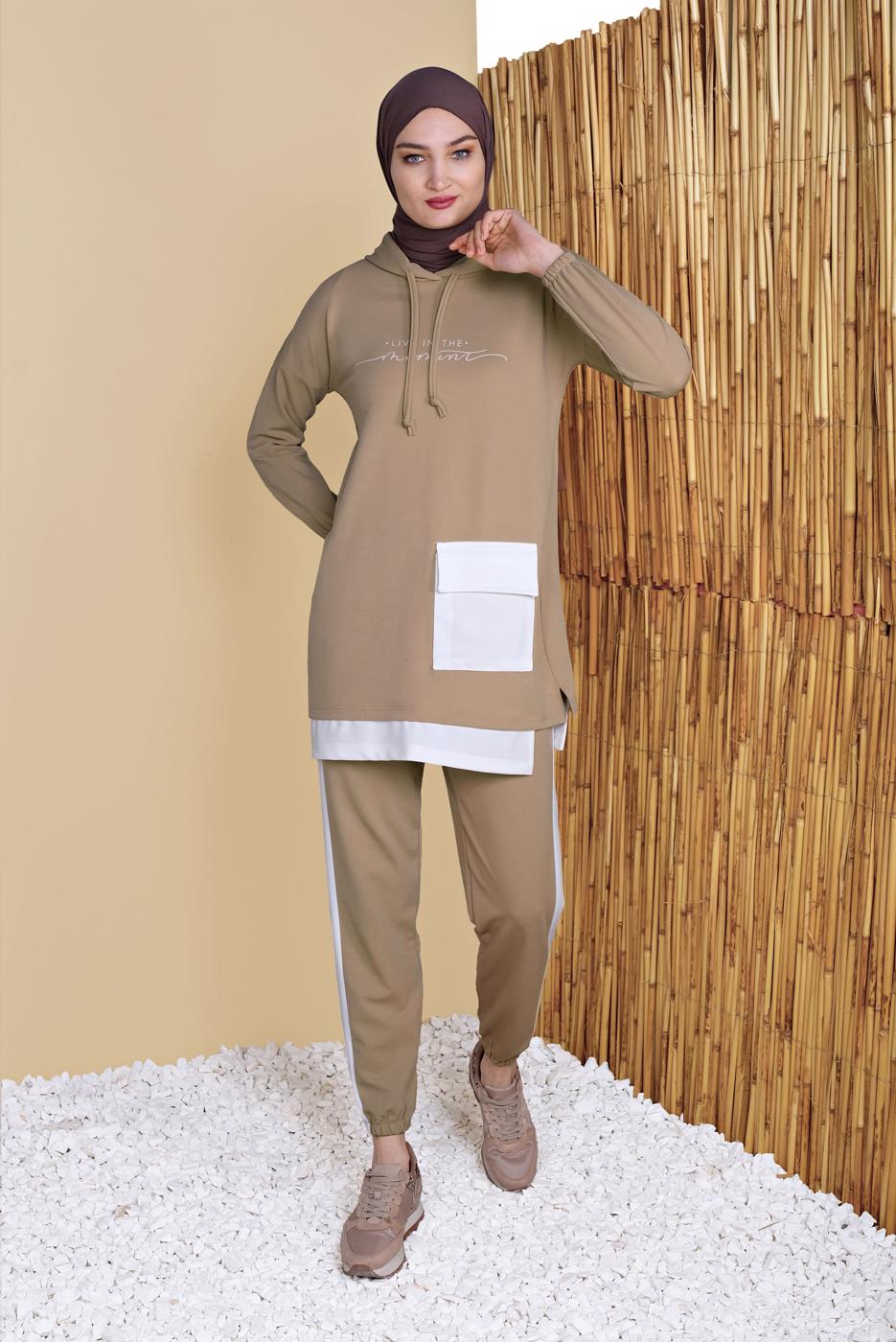 Vêtements hijab BRUN ENSEMBLE DE SURVÊTEMENT 2 PIÈCES AVEC PANTALON DETAIL POCHE 6555