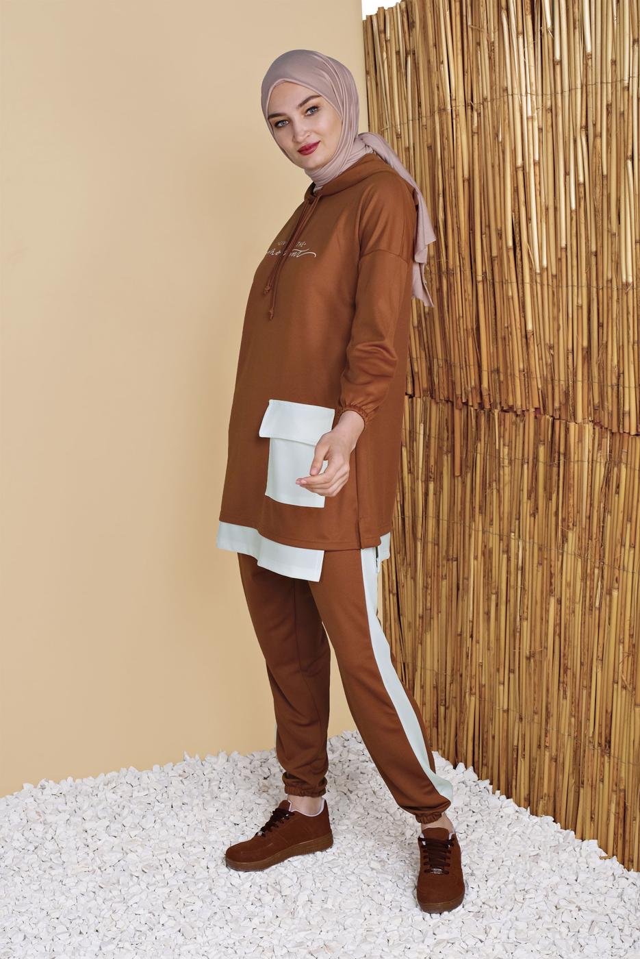 Vêtements hijab BRUN ENSEMBLE DE SURVÊTEMENT 2 PIÈCES AVEC PANTALON DETAIL POCHE 6555