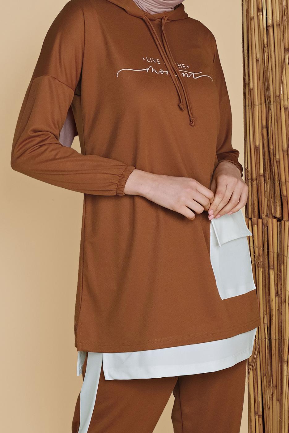 Vêtements hijab BRUN ENSEMBLE DE SURVÊTEMENT 2 PIÈCES AVEC PANTALON DETAIL POCHE 6555