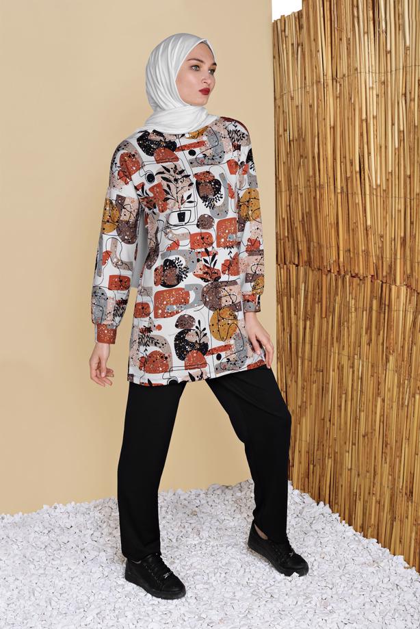 Hijab clothing BLACK COLORED PATTERNED TRACKSUIT SET WITH PANTS 6556  - TRENDTESETTÜR