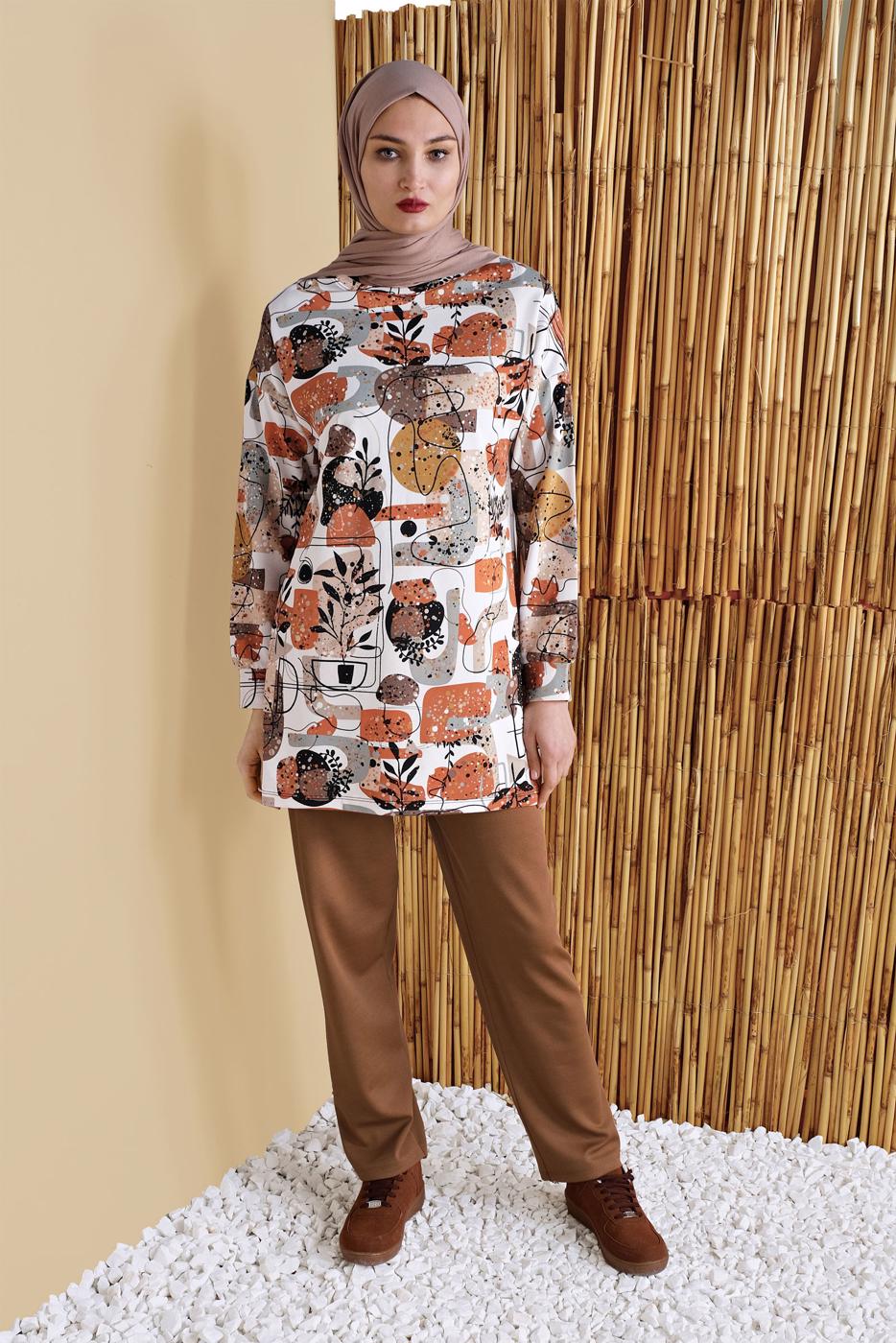 Tesettür giyim TABA RENKLİ DESENLİ PANTOLONLU EŞOFMAN TAKIM 6556 