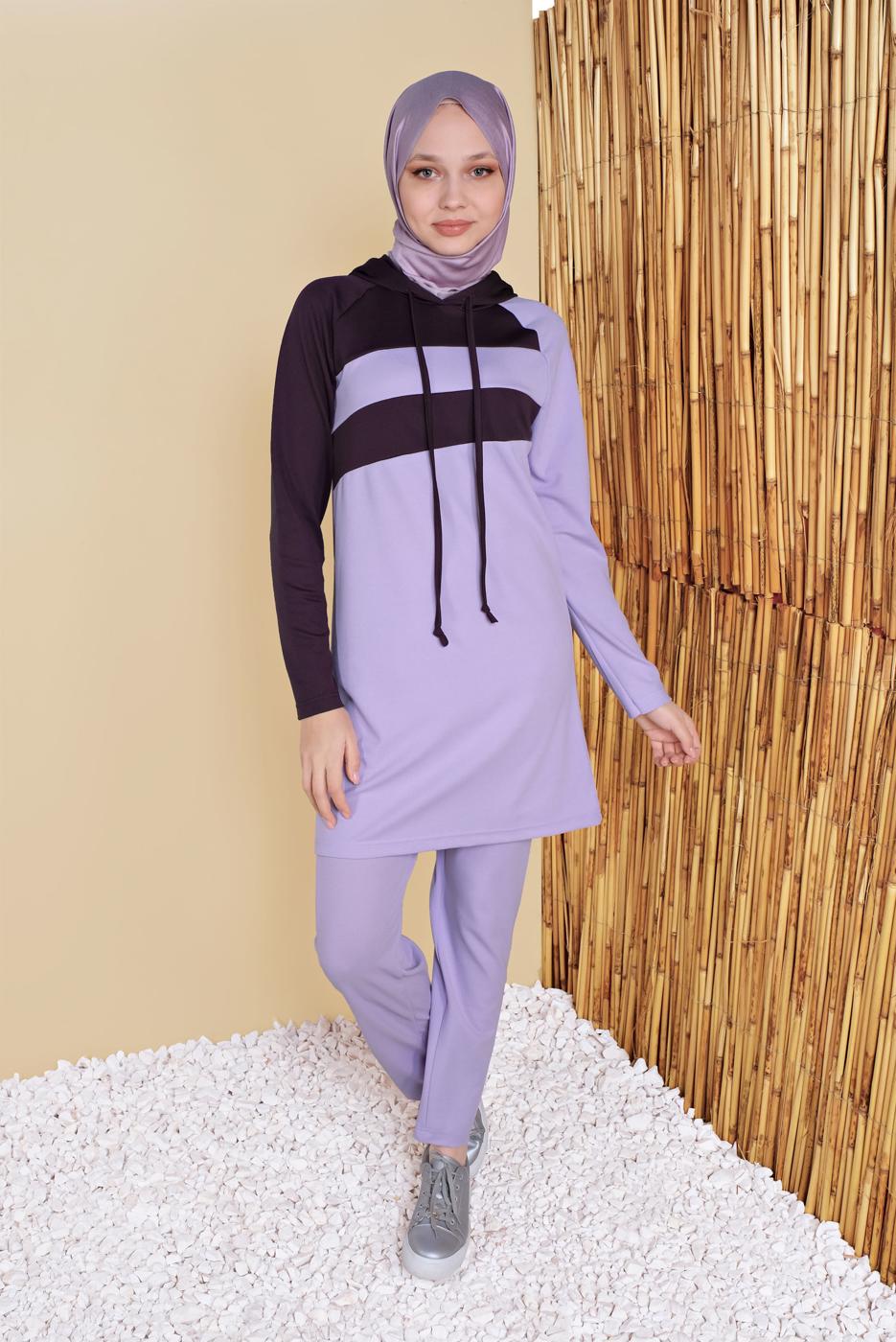 Tesettür giyim MOR İKİ RENKLİ KAPÜŞONLU EŞOFMAN TAKIM 7555 