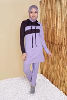 Tesettür giyim MOR İKİ RENKLİ KAPÜŞONLU EŞOFMAN TAKIM 7555 