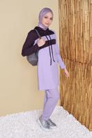 Tesettür giyim MOR İKİ RENKLİ KAPÜŞONLU EŞOFMAN TAKIM 7555 