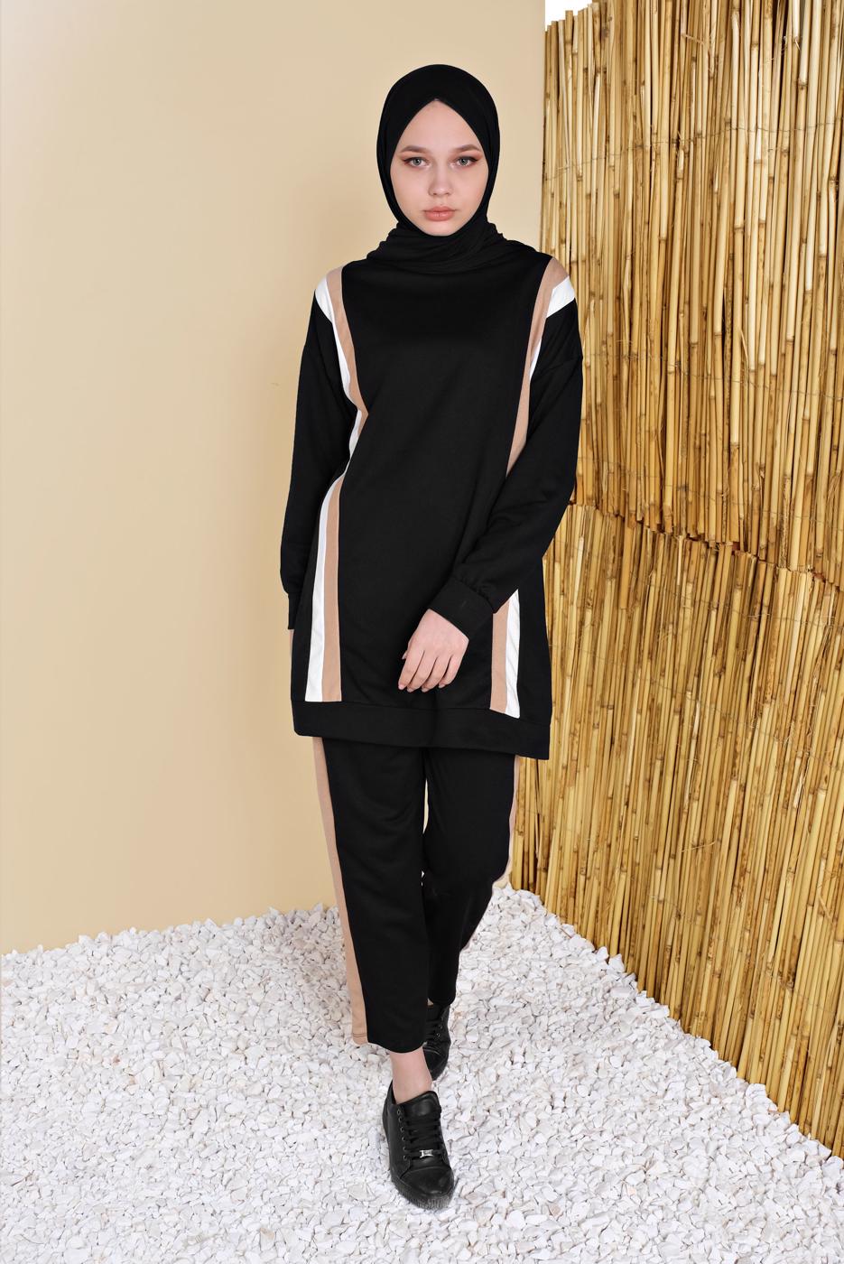 Tesettür giyim SİYAH ŞERİT DETAYLI PANTOLONLU EŞOFMAN TAKIM  8256  
