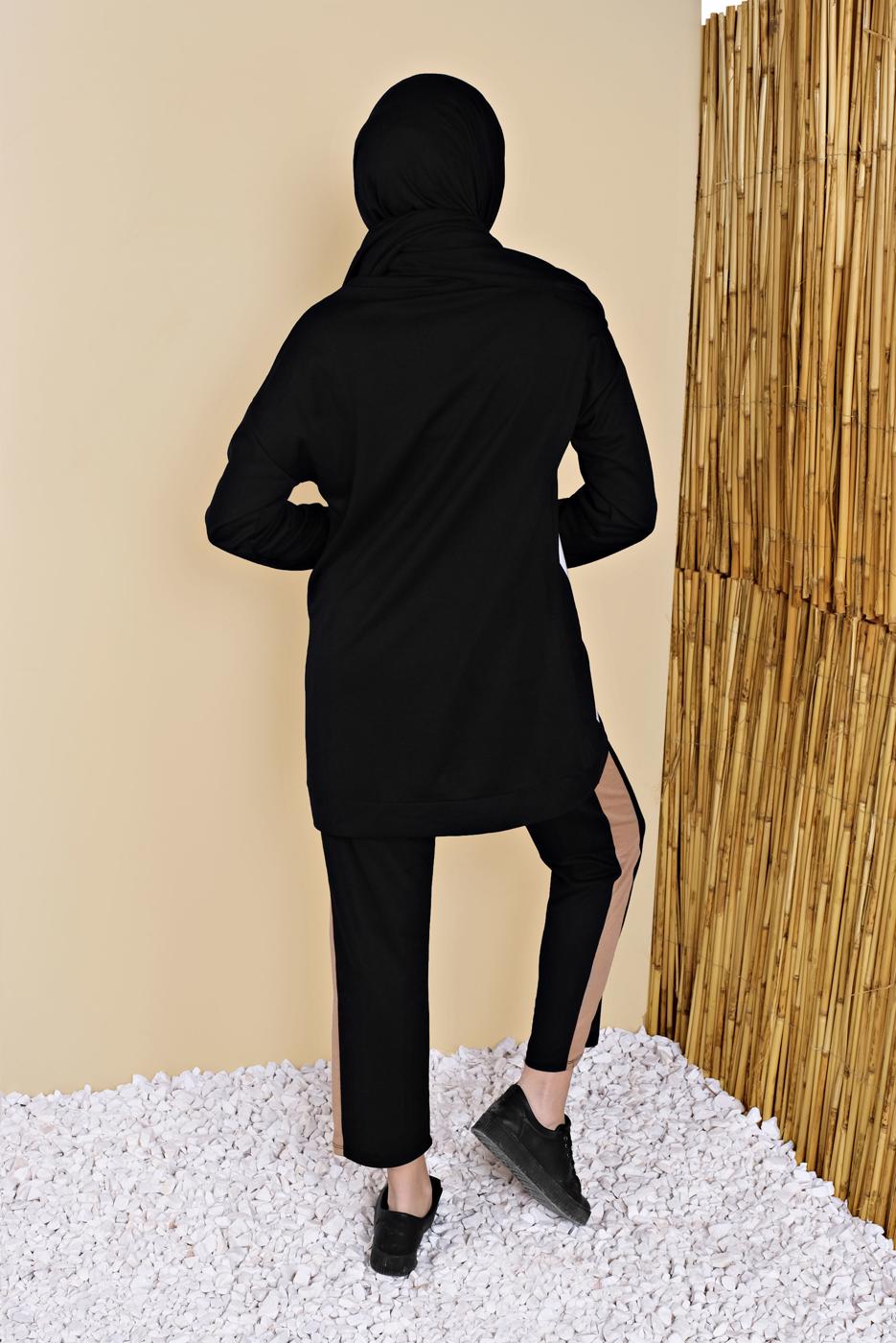 Tesettür giyim SİYAH ŞERİT DETAYLI PANTOLONLU EŞOFMAN TAKIM  8256  