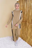 Tesettür giyim KAHVE ŞERİT DETAYLI PANTOLONLU EŞOFMAN TAKIM  8256  