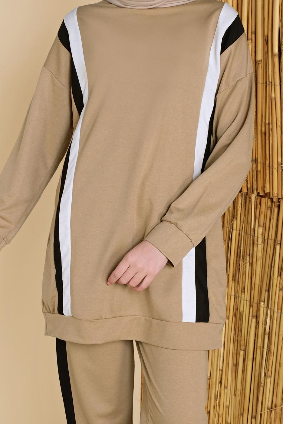 Tesettür giyim KAHVE ŞERİT DETAYLI PANTOLONLU EŞOFMAN TAKIM  8256  