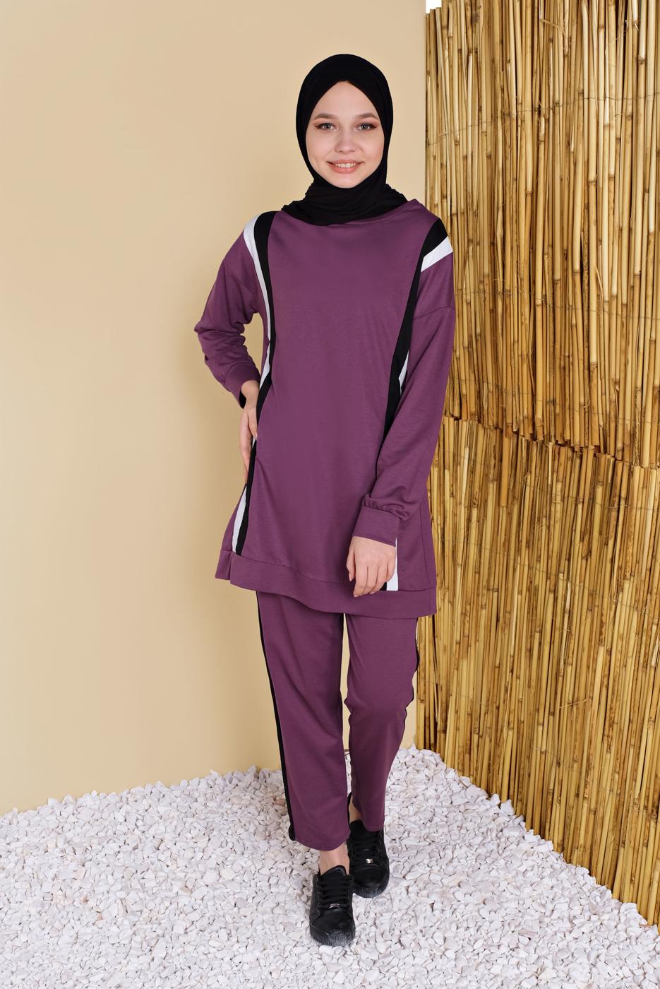 Tesettür giyim MÜRDÜM ŞERİT DETAYLI PANTOLONLU EŞOFMAN TAKIM  8256  